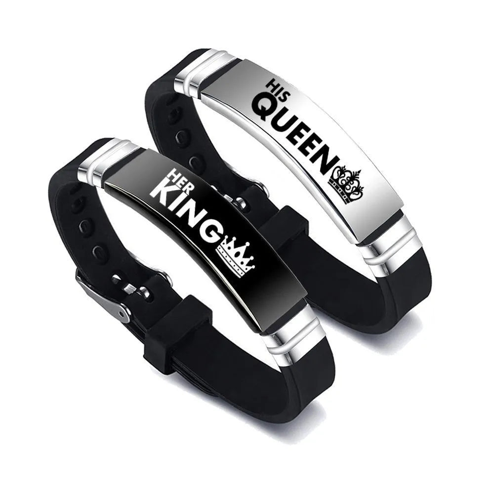 2Pcs/Set His Queen Her King Couple Bracelet Stainless Steel Adjustable Silicone Strap Bangle Valentine's Day Custom Jewelry Gift