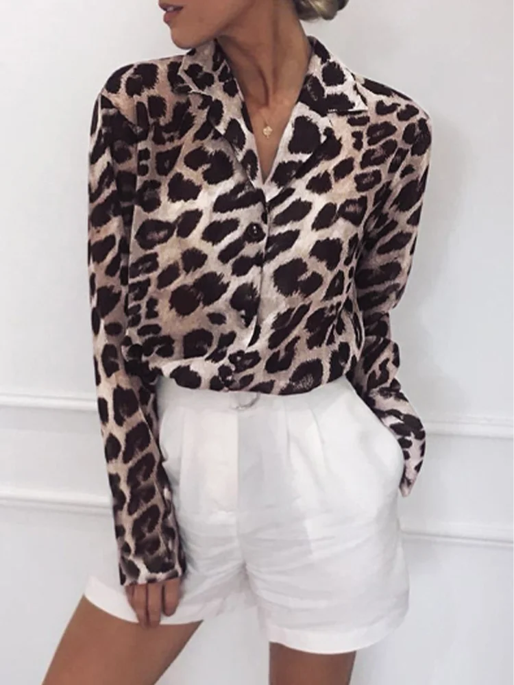 Casual V-neck Long Sleeved Leopard Print Women's T-shirt Elegant Versatile Daily Office Urban Style Spring Top