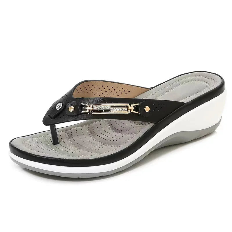 35-43 Shoes for Women Summer Fashion Wedges Metal Button Slides Shoes Beach Sandals Women Outside Platform Slippers Flip Flops