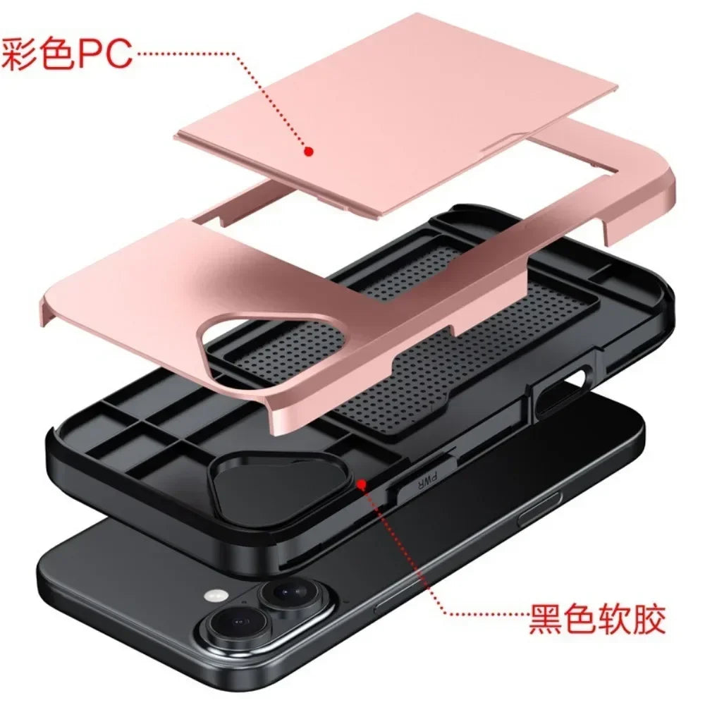 For iPhone 16 Pro Max Wallet Cover Credit Card Holder Slot Sliding Pocket Dual Layer Protective Phone Case