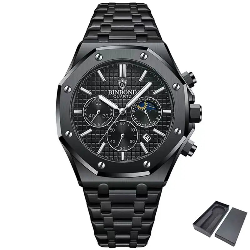 BINBOND B0161 Top box Brand Man Casual Quartz Watch Luxury Luminous Wristwatch Stainless Steel Waterproof Men Clock