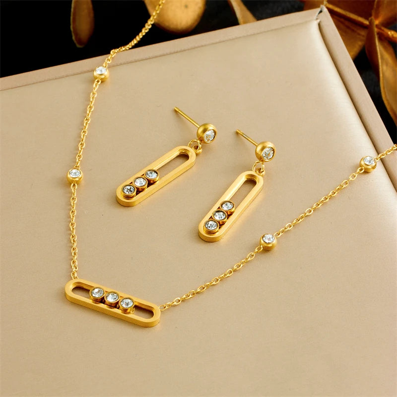 XIYANIKE 316L Stainless Rounded Rectangle Creative Movable White Crystal Necklace Bracelet Earring Set Women Jewelry Suit Gifts