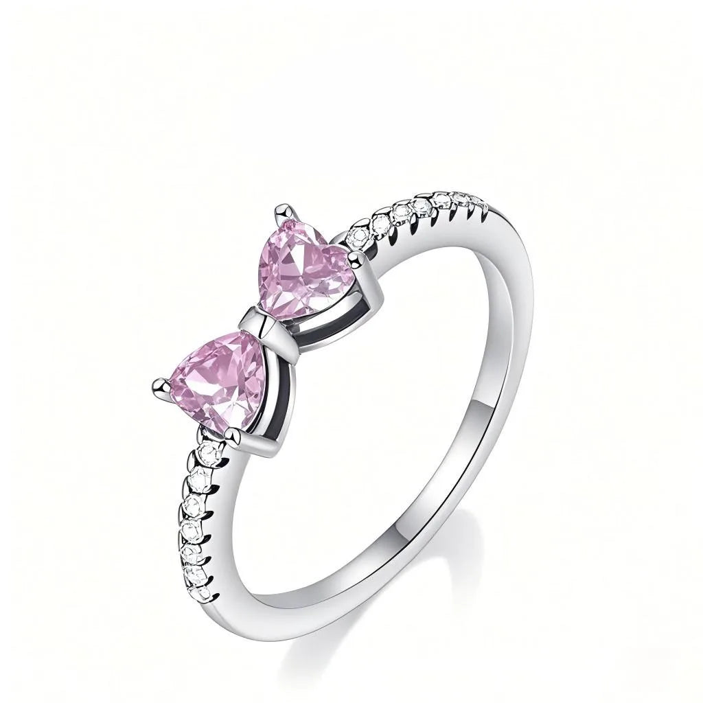 Sparkling 925 Sterling Silver Pink Bow Ring Timeless Pavé Red Heart Finger Rings for Women Wedding Crystal Ring Jewelry Gift