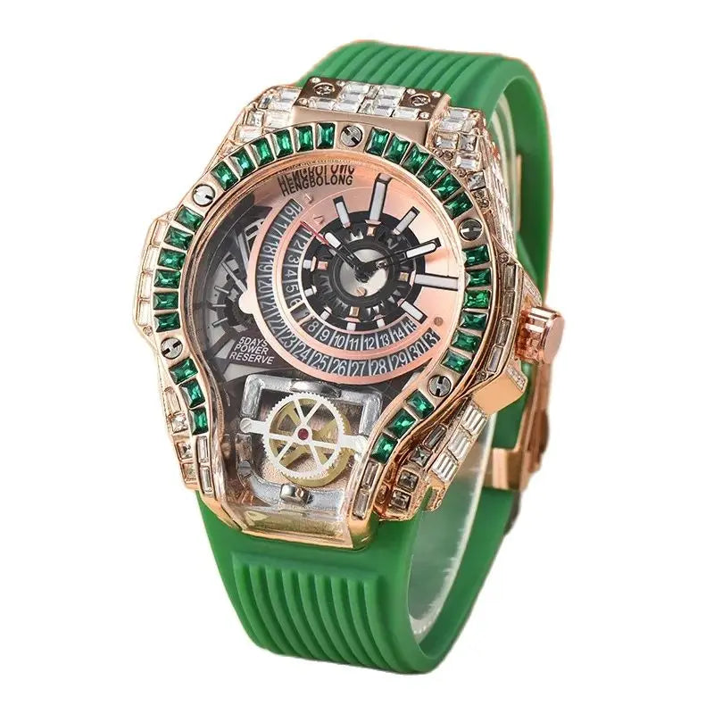 Hochwertige Iced Diamond Uhr Herren Grüner Diamant Hip Hop Stil Automatik Manuell Mechanisch Business Stil Quarzuhr