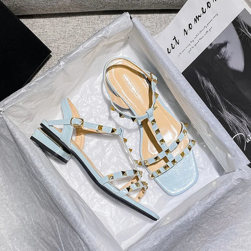 Summer low heel women rivets sandals thin ribbon fashion design girls shoes large size wear slippers free delivery