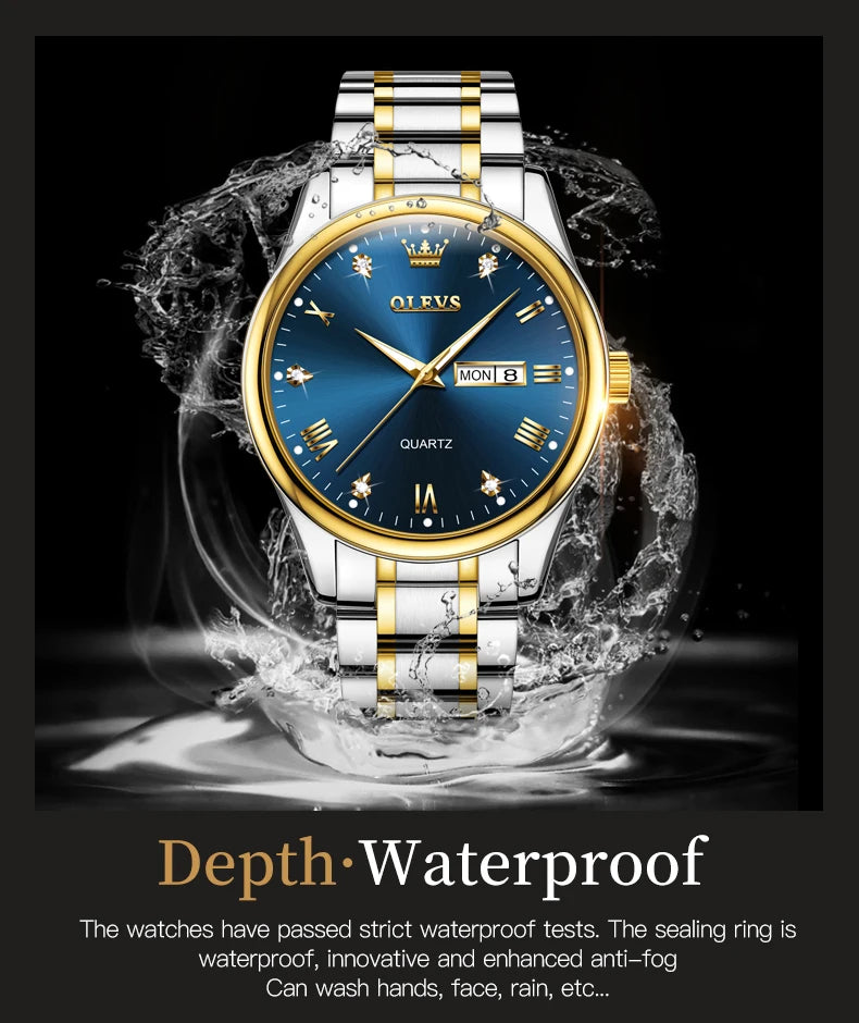 OLEVS Brand Men's Quartz Watch Stainless Steel Waterproof Luminous Fashion Strap Business Men's Quartz Wristwatch Gold Watch