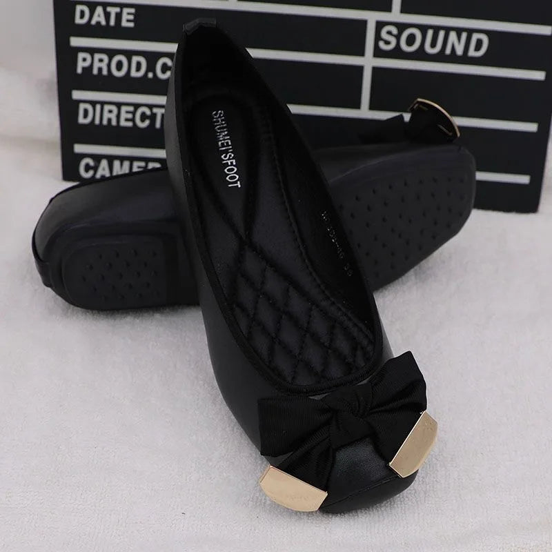Spring Summer Shoes Women Ballet Flats Sweet Flat Bowknot Laides Brand Shoes Plus Size 41 Black Gold D069