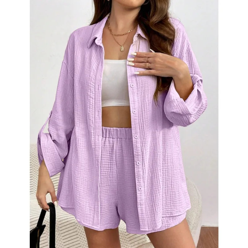 Solid Color Casual Loose Short Pants Sets For Women 2025 Elegant Summer Women's Two Pieces Suit Full Set Female Outfit Clothes