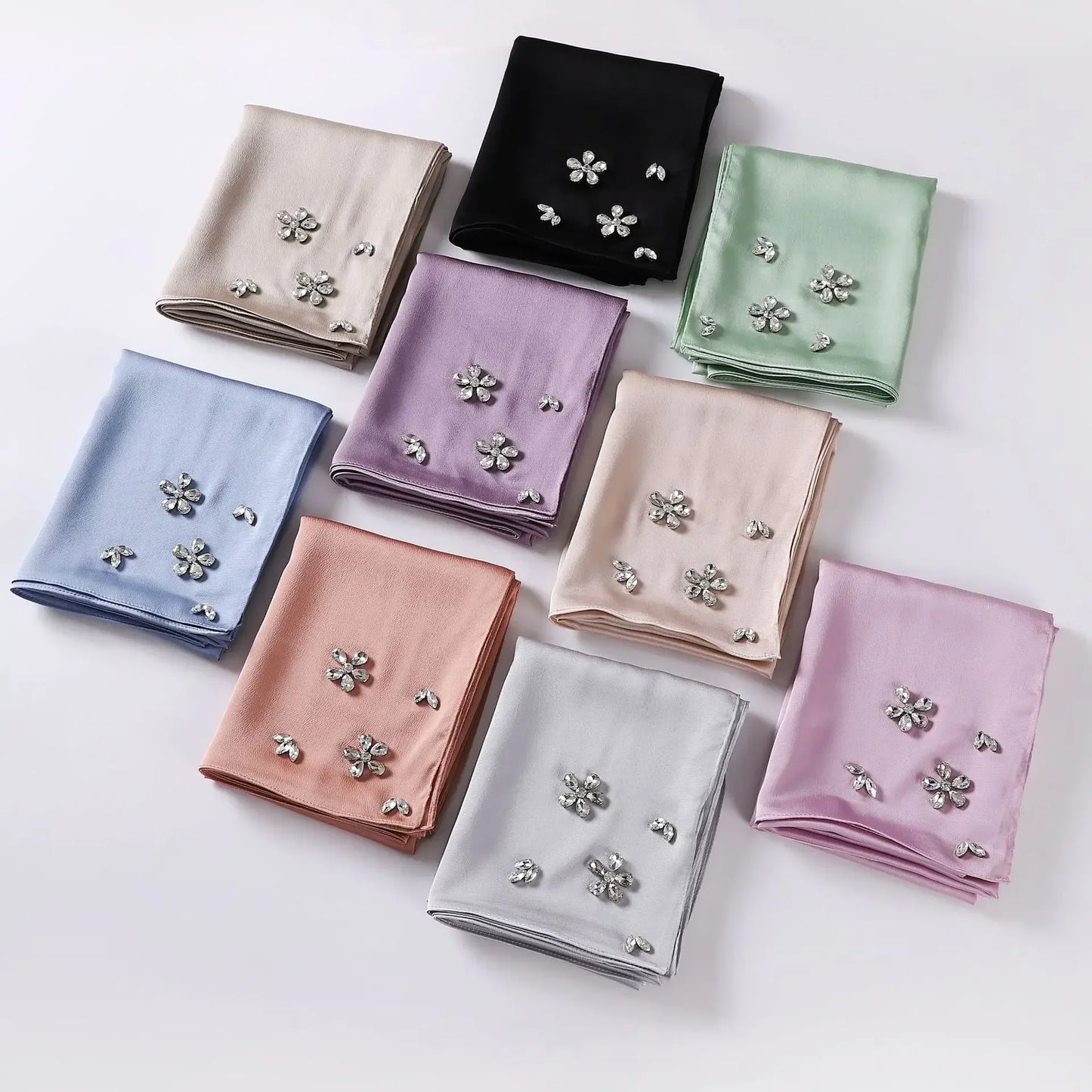 New Designers Diamonds Satin Hijab Chiffon Scarf Women Luxury Silk Scarves Woman Turban Silk Scarfs for Women Bandana Headband