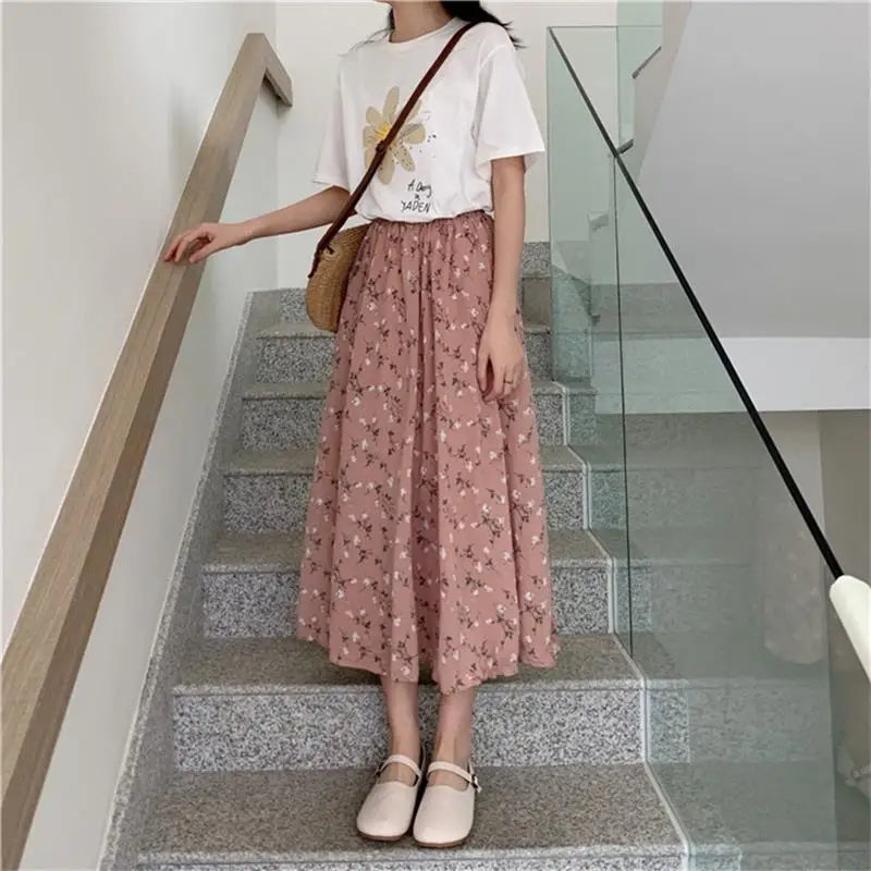 Vintage Floral Print A-line Pleated Long Skirts Summer Women Korean Skirt Streetwear Drawstring Elastic Waist Midi Skirt