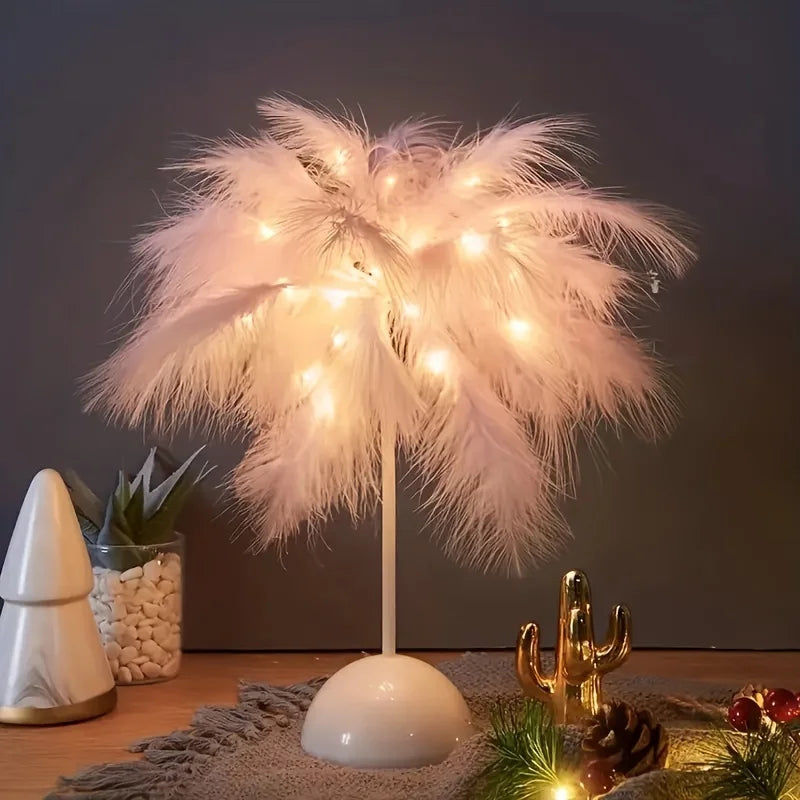 Creative Feather Table Lamp Warm White Light Tree Feather Lampshade LED Wedding Decorative Lights Birthday Gift Home Decor