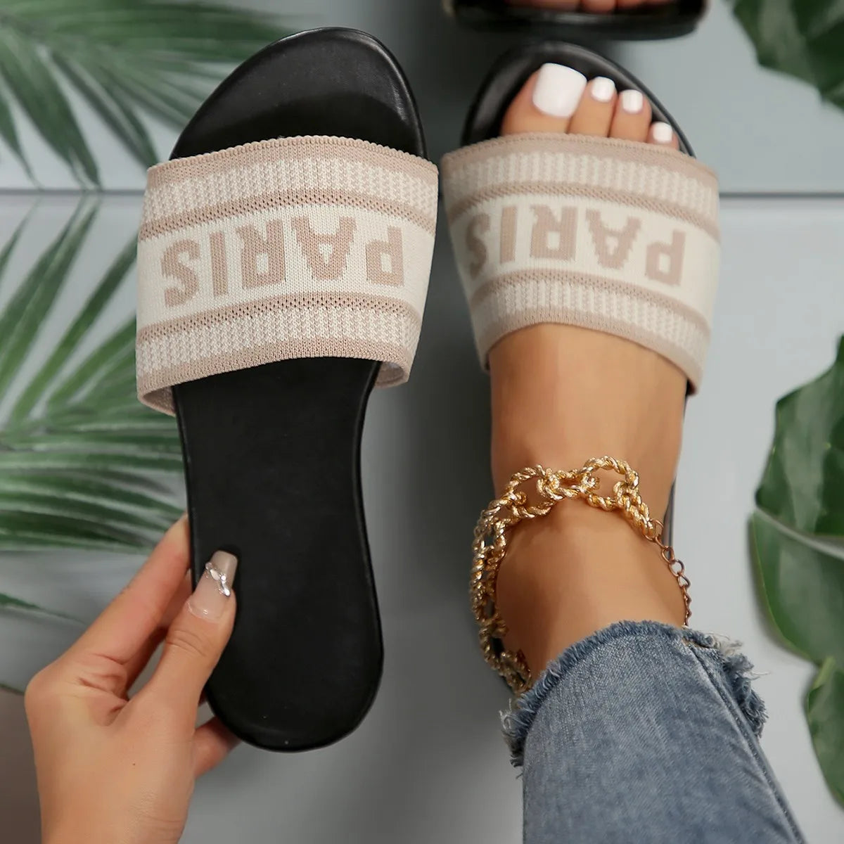 Fashionable Classic Simplicity Sandals Women'S New Slippers Cloth Cover Letter Outdoor Casual Flat Bottom Slippers