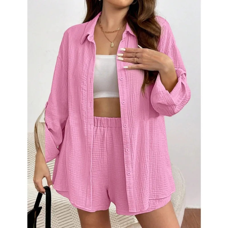Solid Color Casual Loose Short Pants Sets For Women 2025 Elegant Summer Women's Two Pieces Suit Full Set Female Outfit Clothes