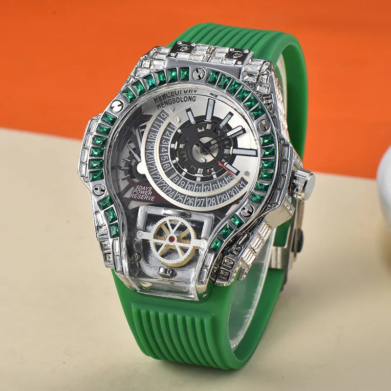 Hochwertige Iced Diamond Uhr Herren Grüner Diamant Hip Hop Stil Automatik Manuell Mechanisch Business Stil Quarzuhr