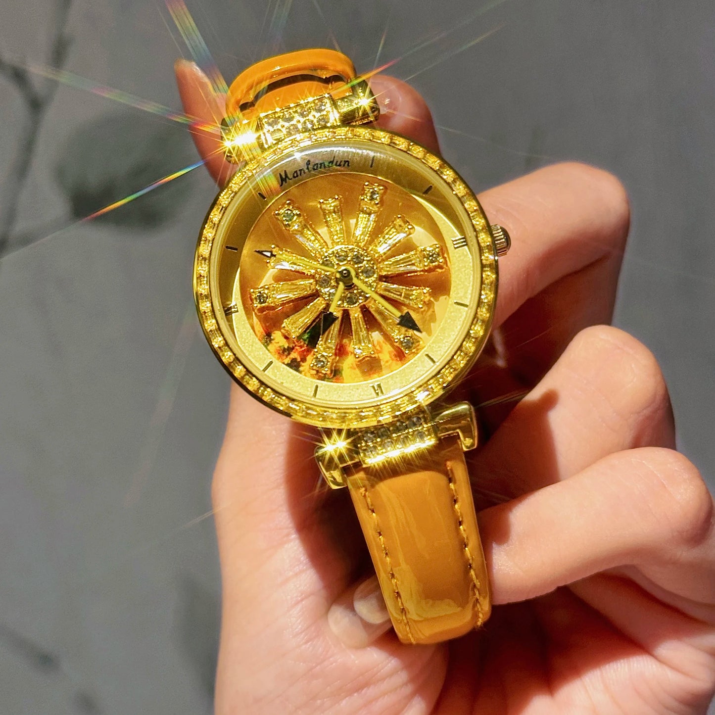 Fashionable Women's Watch With Transparent Back, Diamond Inlaid, Rotating Galaxy Dial, Sunflower Design Waterproof Quartz Watch