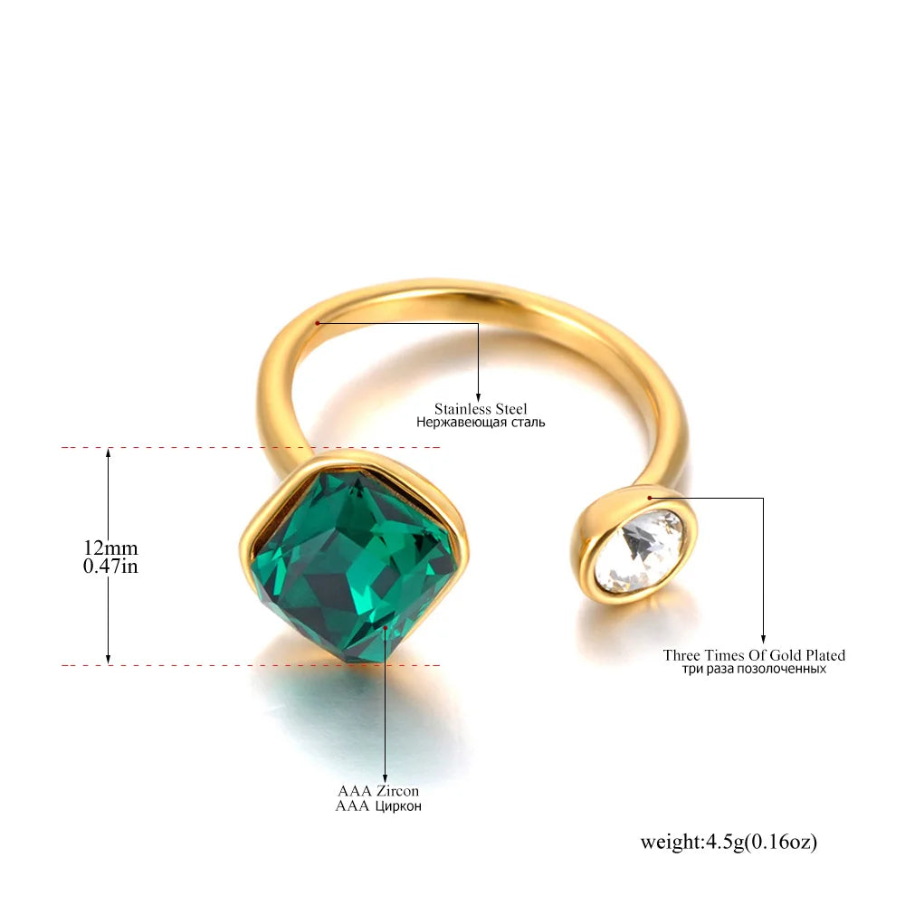 Stainless Steel Trendy Cubic Zirconia Open Adjustable Rings for Women 18K Gold Plated Waterproof Jewelry