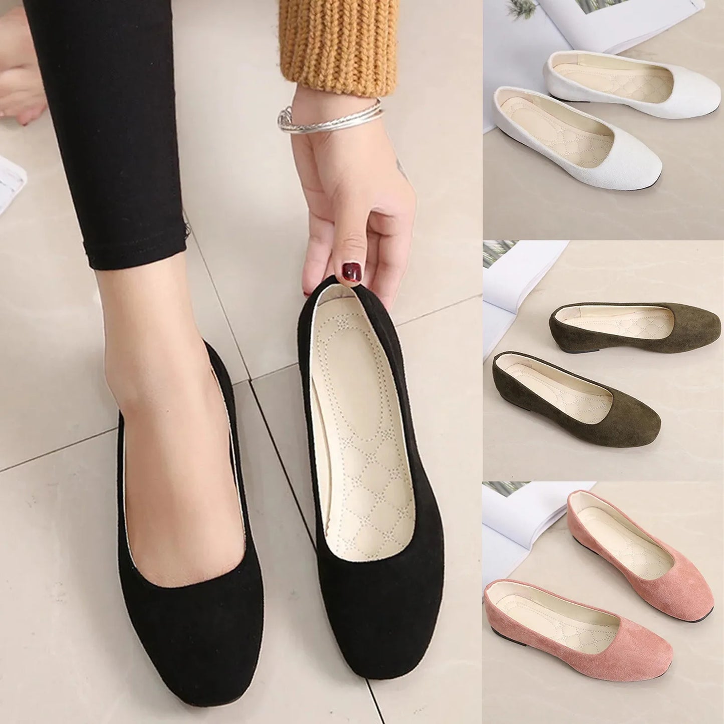 Women Suede Square Flat Heel Shallow Female Shoes Spring Summer Square Toe Basic Concise Women Pumps Size 34-39