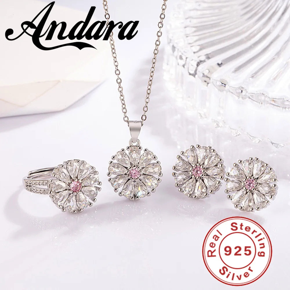 Original 925 Sterling Silver Sunflower Zircon Pendant Bracelet Necklace Women's Sterling Silver Jewelry Set Wedding Gift