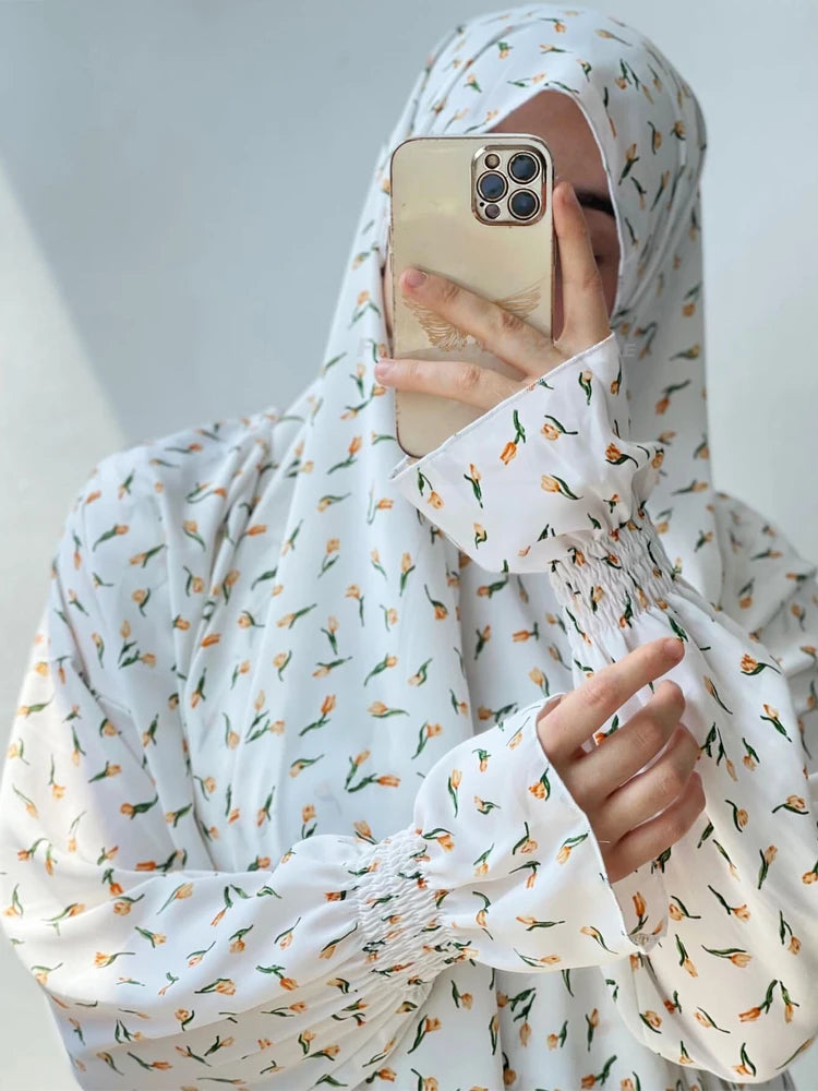 Jilbabs for Women One Piece Printed Prayer Dress Muslim Abaya with Integrated Veil Islamic Products Ramadan Modest Outfits Dubai