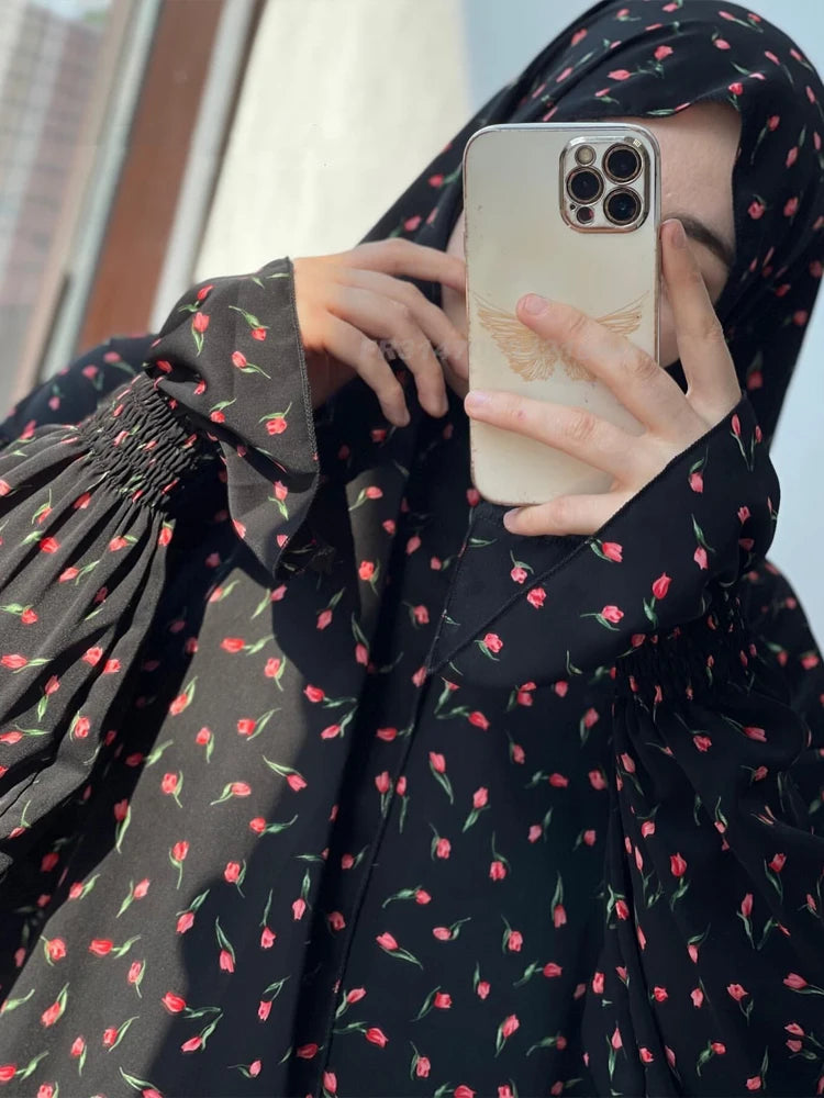 Jilbabs for Women One Piece Printed Prayer Dress Muslim Abaya with Integrated Veil Islamic Products Ramadan Modest Outfits Dubai