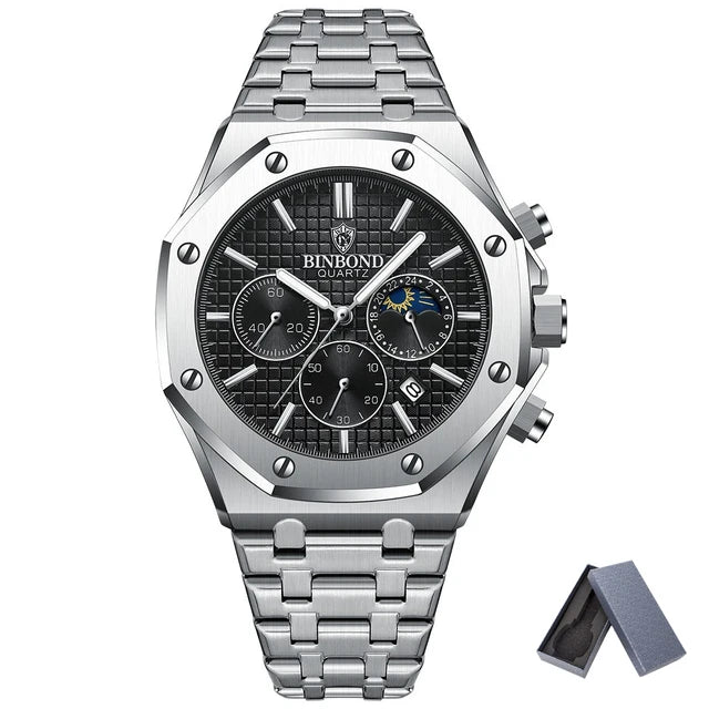 BINBOND B0161 Top box Brand Man Casual Quartz Watch Luxury Luminous Wristwatch Stainless Steel Waterproof Men Clock