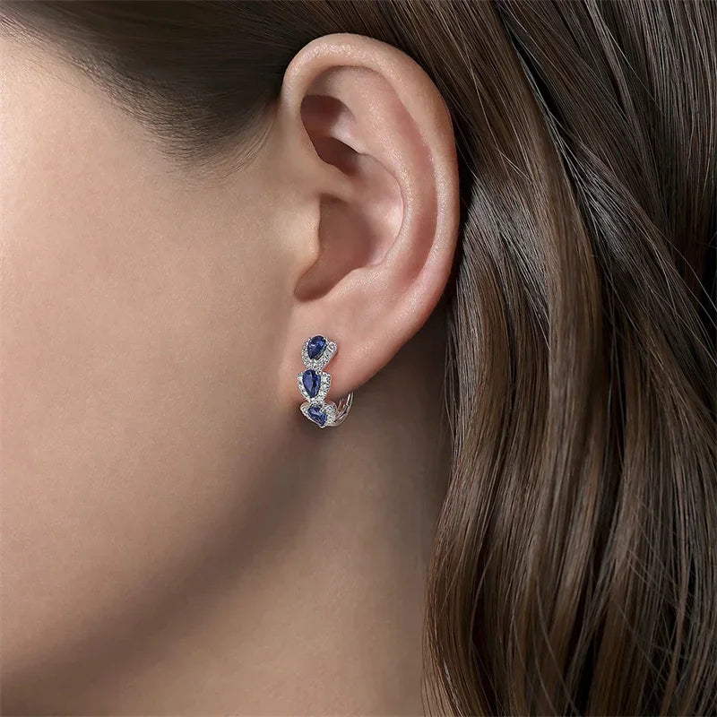 Huitan Luxury Trendy Blue Cubic Zirconia Hoop Earrings Party Elegant Accessories for Women Anniversary Gift New Jewelry