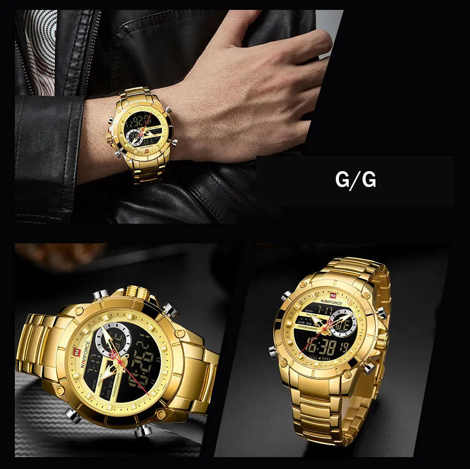 NAVIFORCE Top Luxury Quartz Wrist Watch For Men Business Steel Waterproof Sports Dual Display Military LED Digital Watches