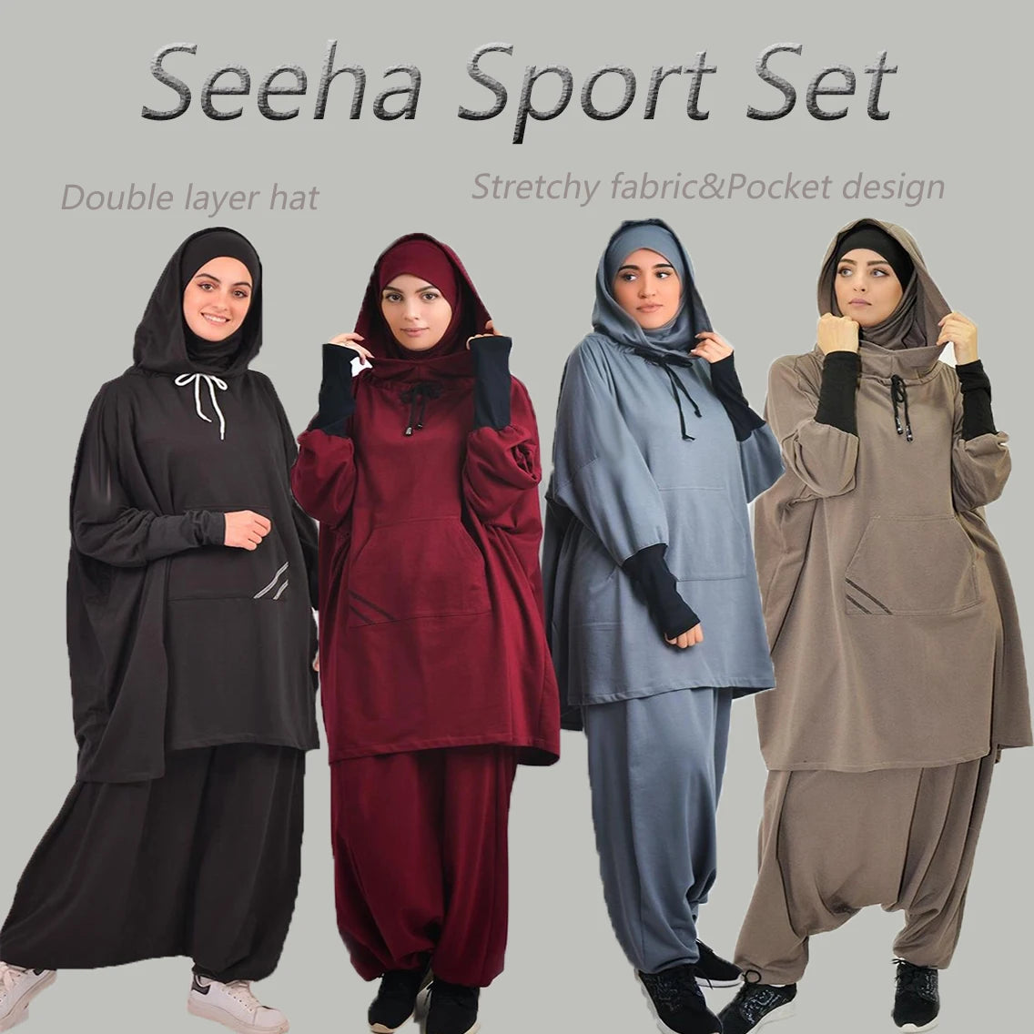 Women's Hooded Sports Suit Muslim Hijab Dress Eid Prayer Wear Jilbab Abaya Long Khimar Full Cover Soft Stretch Large Robe