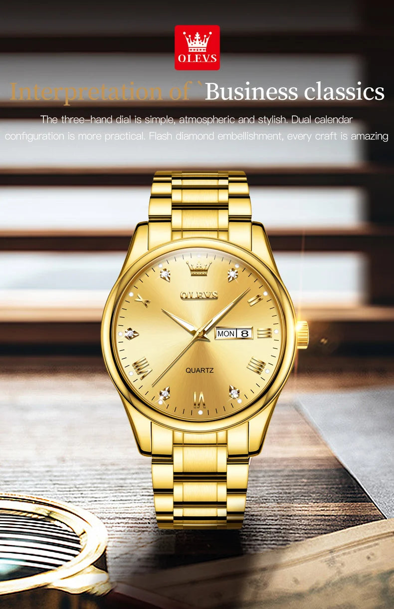 OLEVS Brand Men's Quartz Watch Stainless Steel Waterproof Luminous Fashion Strap Business Men's Quartz Wristwatch Gold Watch