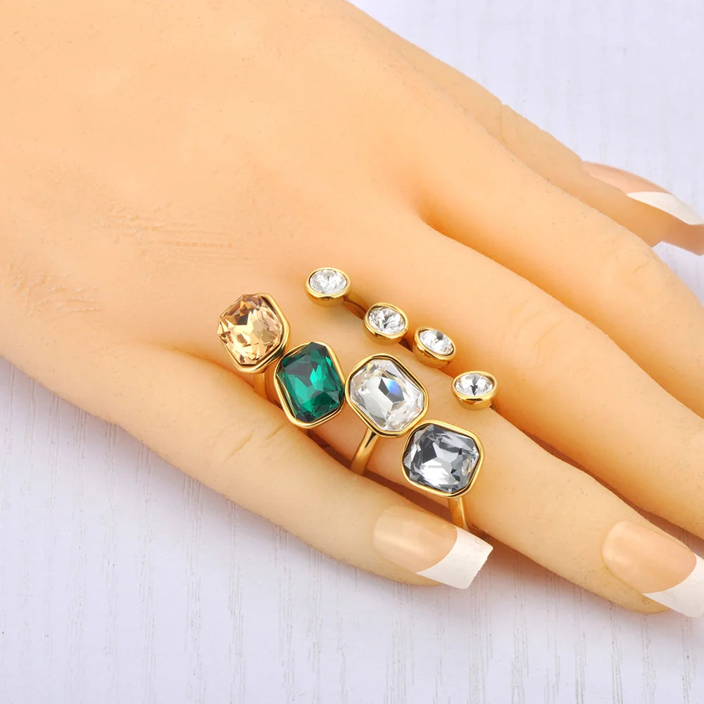 Stainless Steel Trendy Cubic Zirconia Open Adjustable Rings for Women 18K Gold Plated Waterproof Jewelry