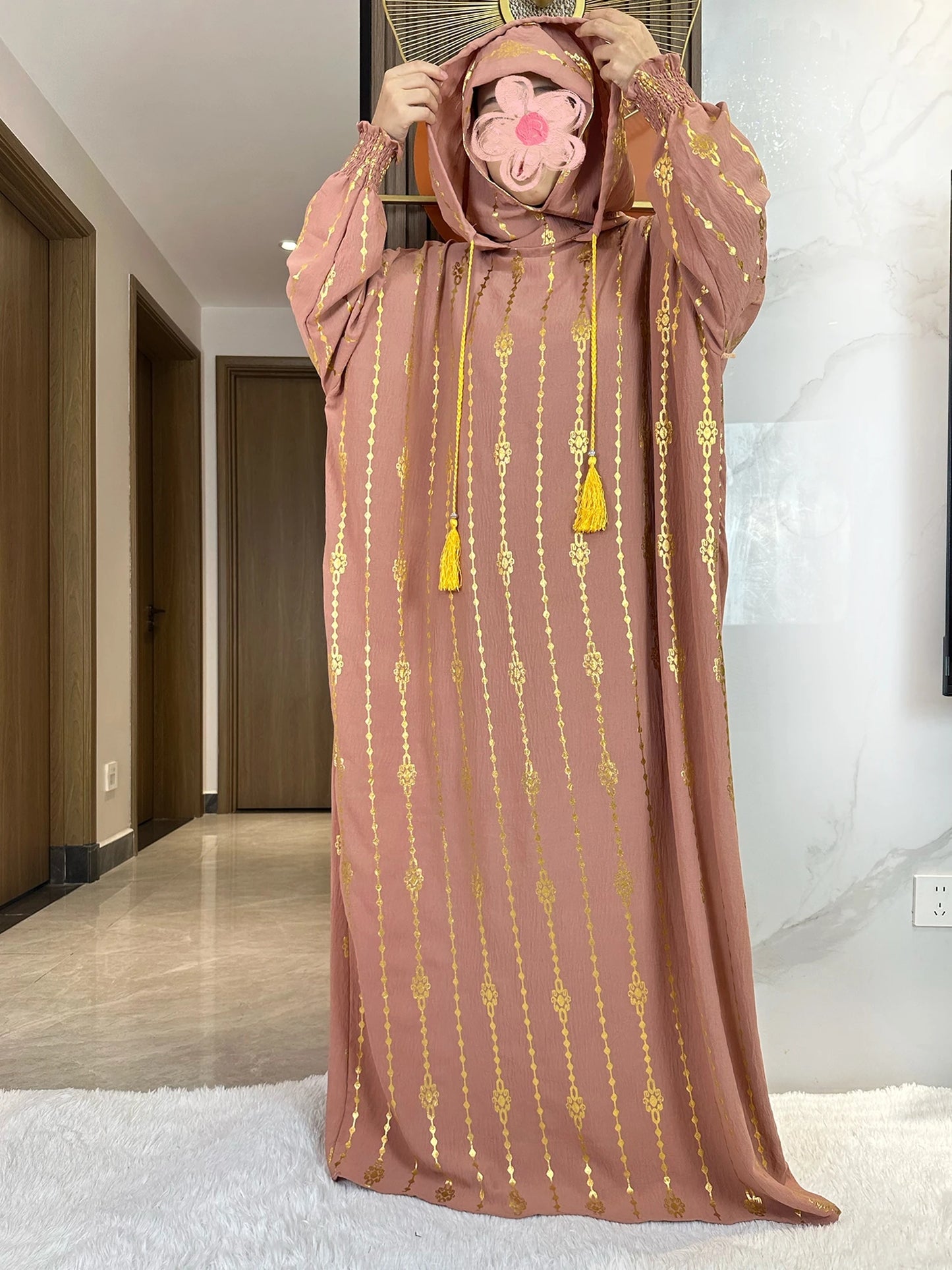 New Cotton Ramadan Muslim Two-Hat Abaya Dubai Turkey Islam Prayer Clothes Gold Dust Dress Islam Women Dress Kaftan