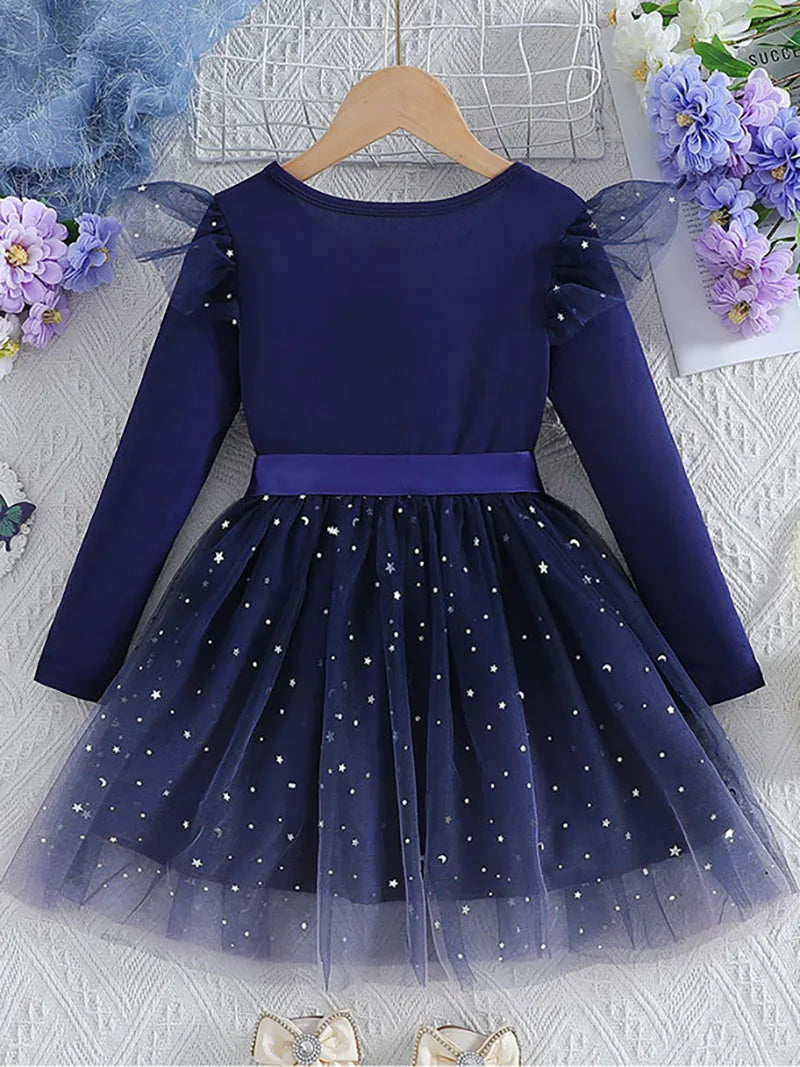 Spring Girls' Long Sleeve Dress 2-6Y Cute Children's Sequin Stars Sky Mesh Princess Dress Autumn Kid's Clothes Girls Outfit