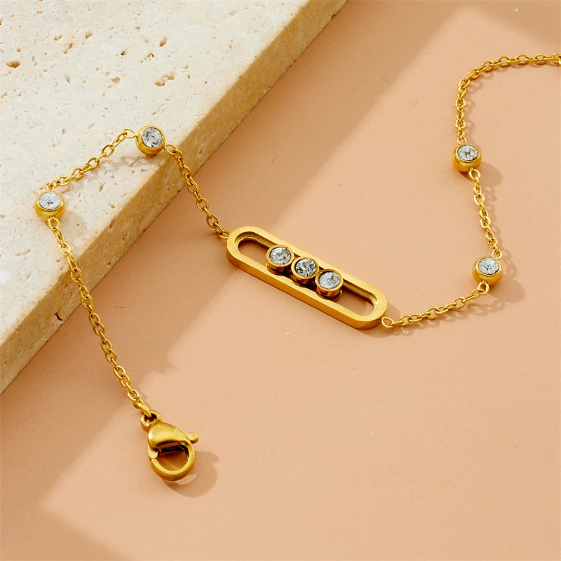 XIYANIKE 316L Stainless Rounded Rectangle Creative Movable White Crystal Necklace Bracelet Earring Set Women Jewelry Suit Gifts