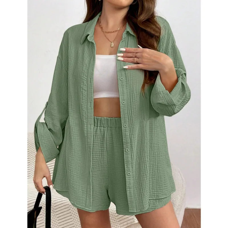 Solid Color Casual Loose Short Pants Sets For Women 2025 Elegant Summer Women's Two Pieces Suit Full Set Female Outfit Clothes