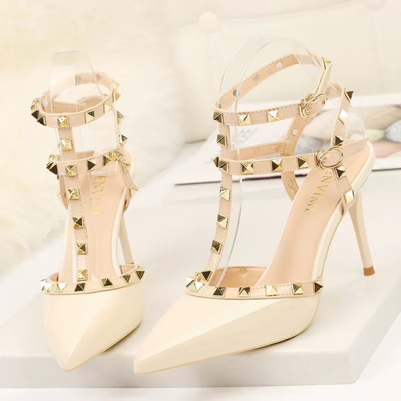 2025 Women's Shoes Rivets Sandals Female Summer Thick with Fine with High-heeled Shoes Pointed Stiletto Sexy Nightclub Shoes
