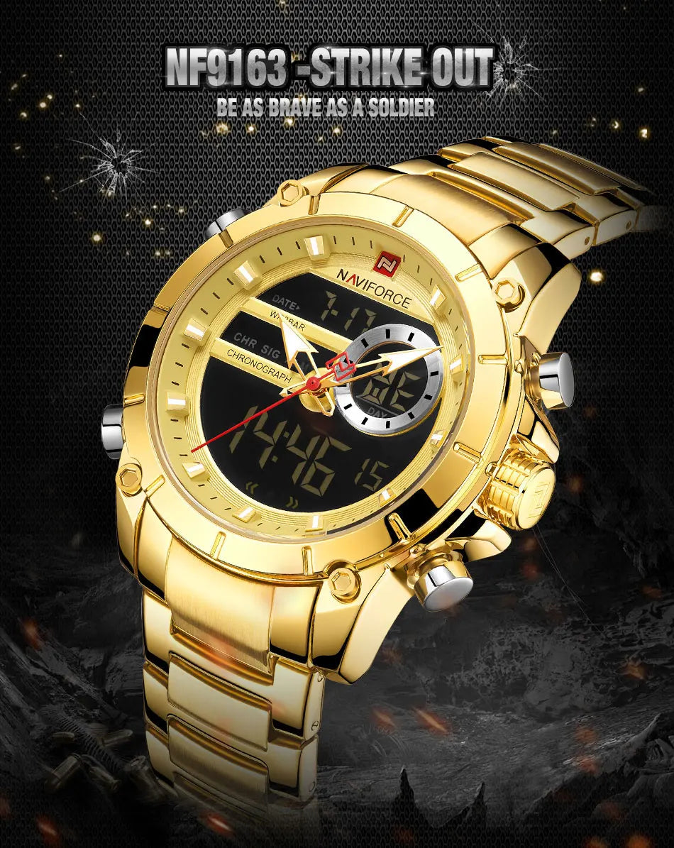 NAVIFORCE Top Luxury Quartz Wrist Watch For Men Business Steel Waterproof Sports Dual Display Military LED Digital Watches