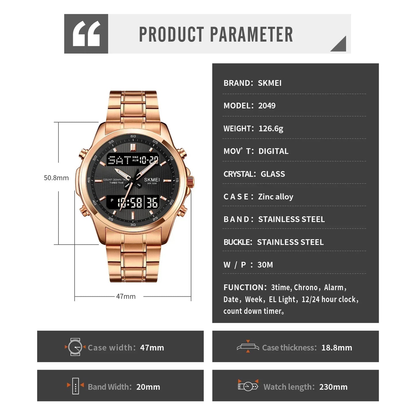 Skmei 2049 Fashion Watches Men's Watch Backlit Sport Waterproof Alarm Clock 3 Time Countdown Timer Digital Watch