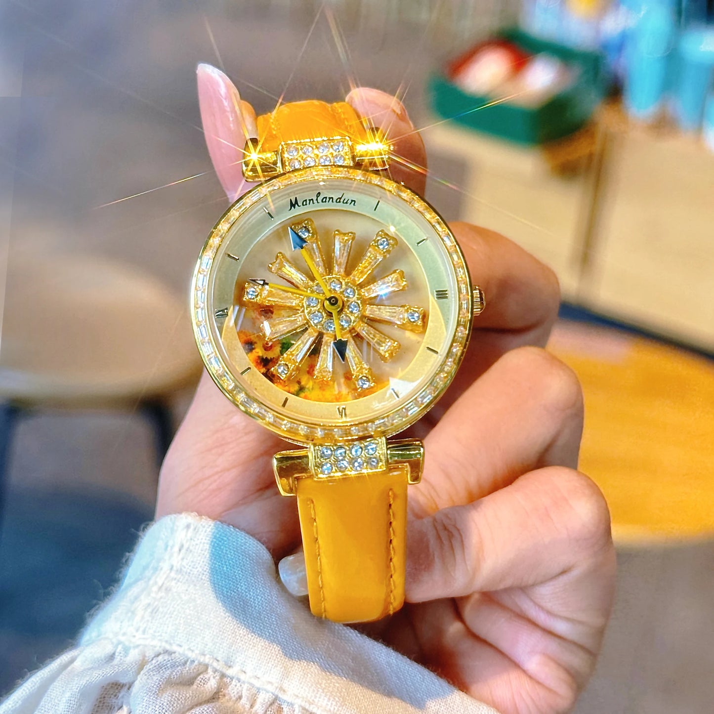 Fashionable Women's Watch With Transparent Back, Diamond Inlaid, Rotating Galaxy Dial, Sunflower Design Waterproof Quartz Watch