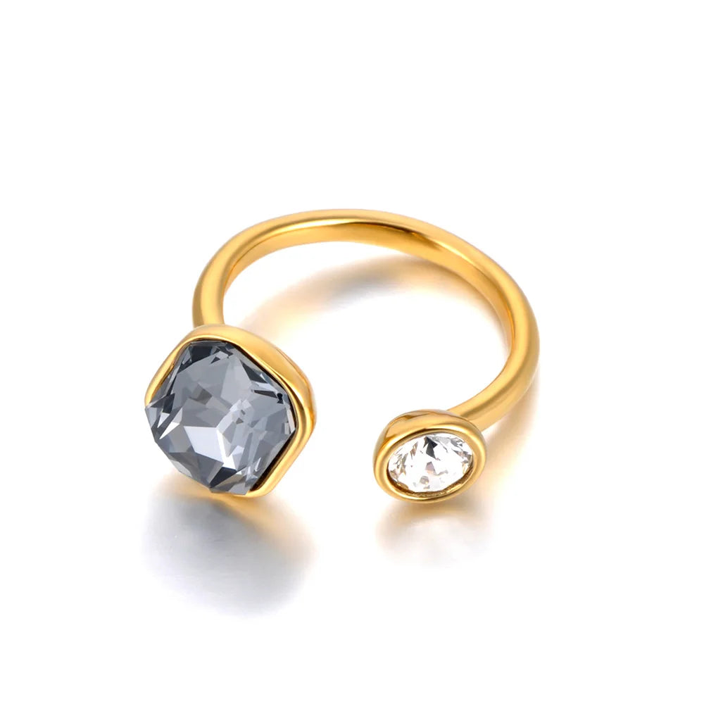 Stainless Steel Trendy Cubic Zirconia Open Adjustable Rings for Women 18K Gold Plated Waterproof Jewelry
