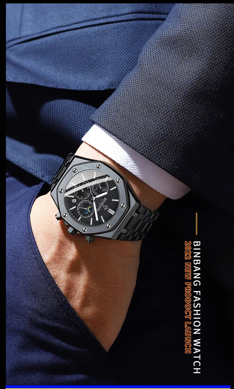 BINBOND B0161 Top box Brand Man Casual Quartz Watch Luxury Luminous Wristwatch Stainless Steel Waterproof Men Clock