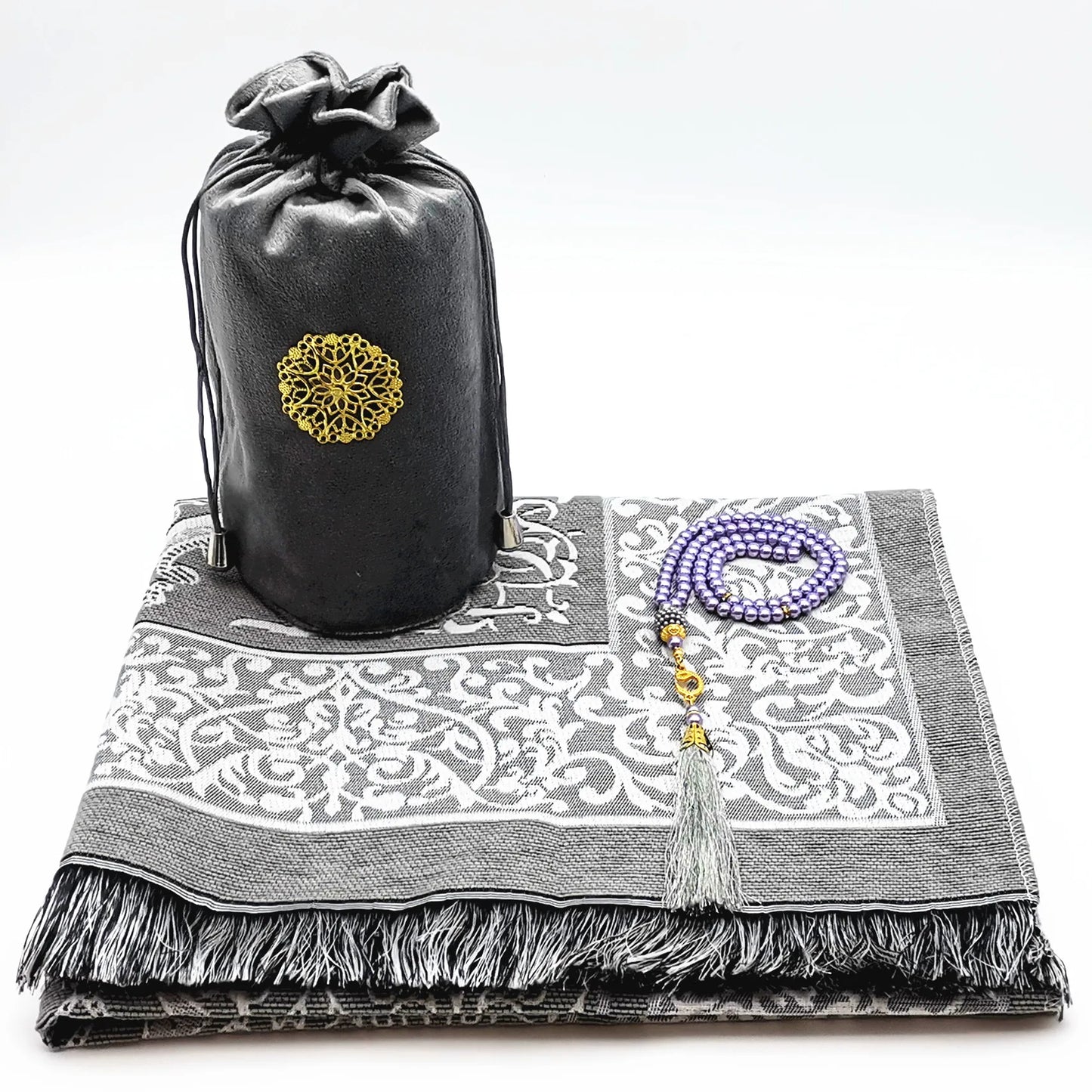 Islamic Prayer Mat With Muslim Beads and Velvet Gift Bag For Women Man