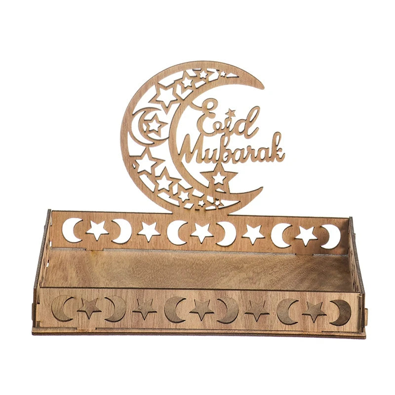 Eid Mubarak Moon Star Food Tray Wooden Ramadan Decoration 2024 Food Holder Ramadan Kareem Islamic Muslim Party Al Adha Supplies