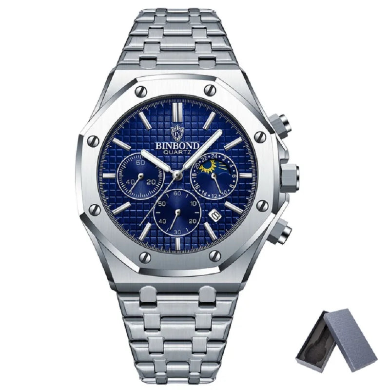 BINBOND B0161 Top box Brand Man Casual Quartz Watch Luxury Luminous Wristwatch Stainless Steel Waterproof Men Clock