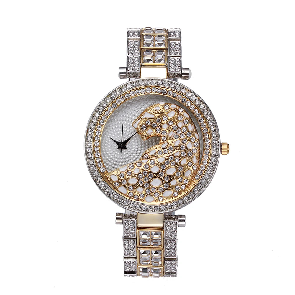 MISSFOX Women Quartz Watch Fashion Bling Casual Ladies Watches Female Quartz Gold Watch Crystal Diamond Leopard For Women Clock