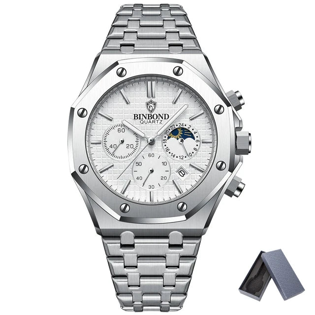 BINBOND B0161 Top box Brand Man Casual Quartz Watch Luxury Luminous Wristwatch Stainless Steel Waterproof Men Clock