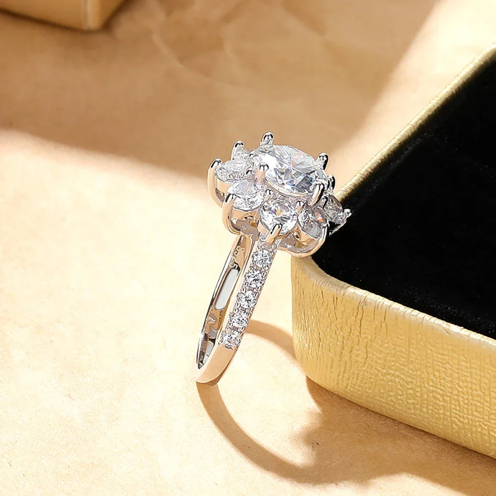 Moissanite Rings For Woman Sunflower Brilliant Diamond S925 Silver 18K Plated Wedding Jewelry Ring with Certificate
