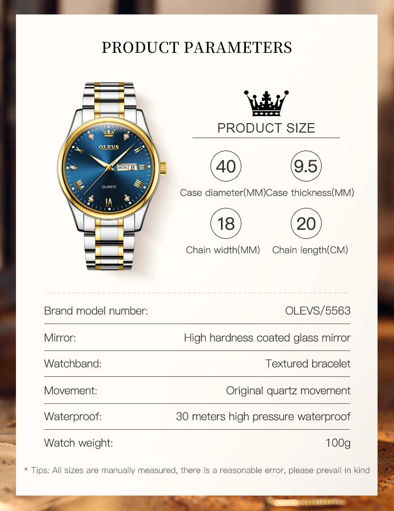 OLEVS Brand Men's Quartz Watch Stainless Steel Waterproof Luminous Fashion Strap Business Men's Quartz Wristwatch Gold Watch