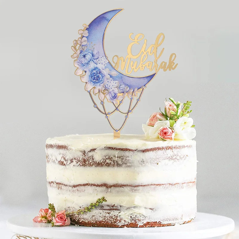 2025 Eid Mubarak Acrylic Cake Topper Moon Flower Cake DIY Decoration Islamic Muslim Festival Party Supplies Eid Ramadan Gift