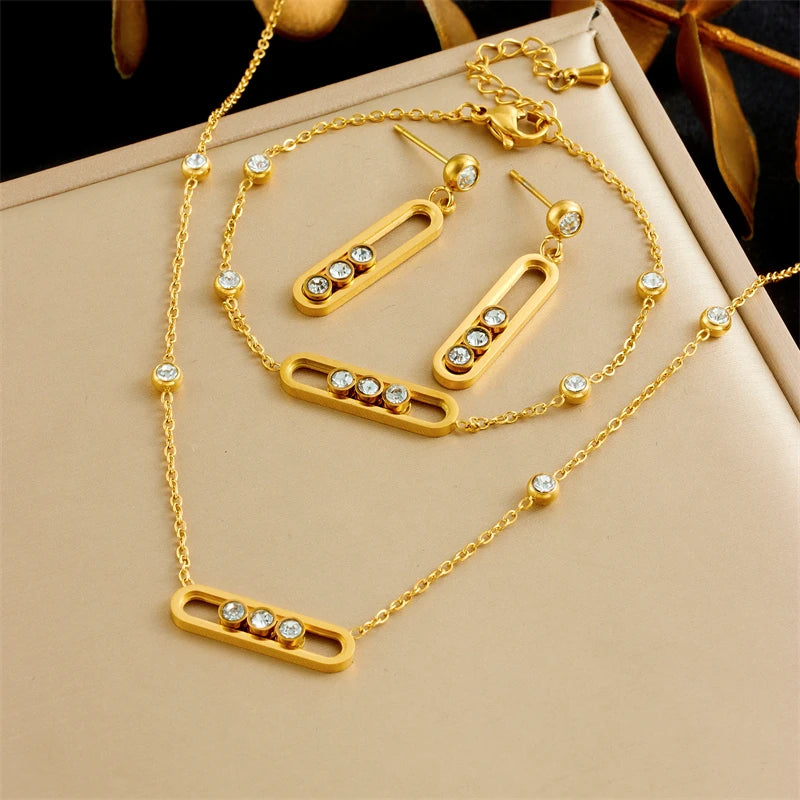XIYANIKE 316L Stainless Rounded Rectangle Creative Movable White Crystal Necklace Bracelet Earring Set Women Jewelry Suit Gifts