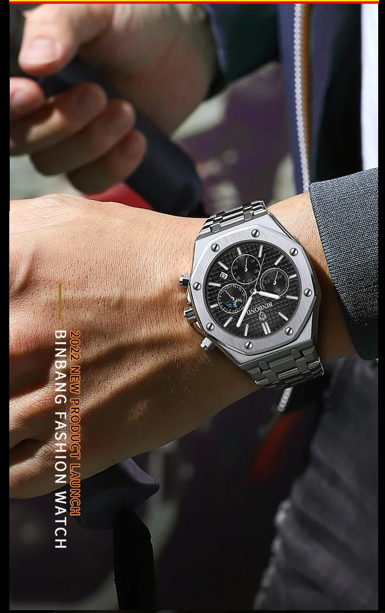 BINBOND B0161 Top box Brand Man Casual Quartz Watch Luxury Luminous Wristwatch Stainless Steel Waterproof Men Clock